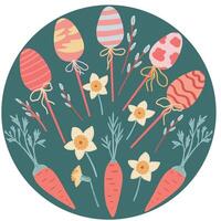 Easter card with carrots willow and eggs flat design dark background vector