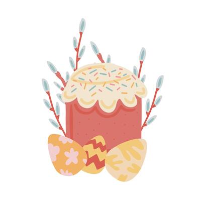 Willow Easter cake and eggs springtime flat design set