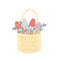 Basket with easter coloured eggs flat design set vector