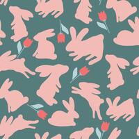 Flat design rabbits and tulips seamless pattern vector