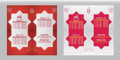 Ramadan calendar template with Sheri and iftar time schedule table vector