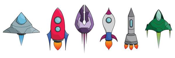 Cartoon set of spaceship or rocket ship vector icons isolated on white background.