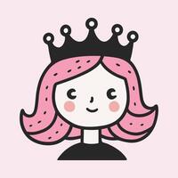 Cute smiling girl with pink hair and crown. Little princess icon. Simple vector illustration