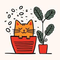 Cute cartoon cat sleeping in flower pot near home plant. Cozy vector illustration. Square greeting card