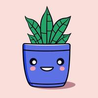 Cute cartoon houseplant with funny smiling face on blue pot. Vector hand drawn illustration