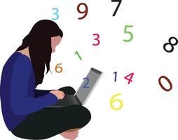 Illustrated woman sitting with a laptop surrounded by colorful numbers vector