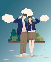 Man and woman in casual clothes showing gestures posing for friendship photo. standing hugging and smiling looking at the camera. Flat vector illustration