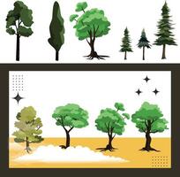 varios tipos de vistoso arboles bosque y ciudad plantas. absorber contaminación vector