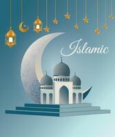 Eid al-Fitr and ramadan with Islamic frame pattern of crescent moon, mosque and lanterns on blue background vector