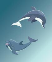 Illustration of a cute dolphin couple. Vector illustration of cute dolphin jumping fun on blue background