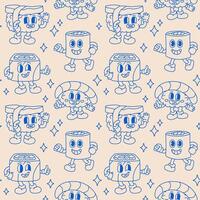 Seamless pattern with cartoon groovy sushi and sashimi characters on beige background. Food vector illustration.