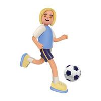 Stylized 3D boy playing soccer in sports uniform. Cartoon character is running with soccer ball. Vector isolated illustration.