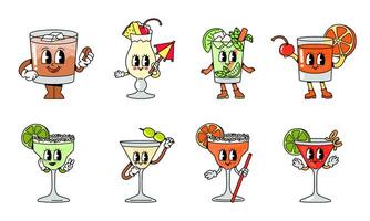 Cartoon groovy cocktail characters collection. Set of alcoholic drinks in glasses of different shapes with cute faces, hands and feet. Vector illustration.