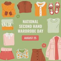 Colorful illustration promoting National Second Hand Wardrobe Day on August 25. Collection of second-hand clothing items are neatly arrayed against green background. Flat vector. vector