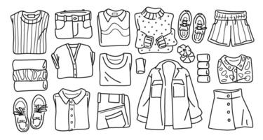 Assorted line drawing clothing collection. Set of women garments. Top view of lying folded apparel. Vector illustration.