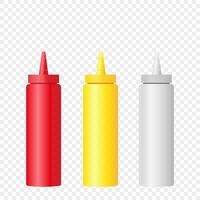 Three bottles of sauces. Ketchup, mustard and mayonnaise. vector