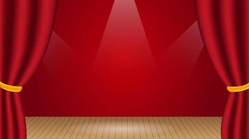 A vector stage with a wooden floor and open red velvet theater curtains.