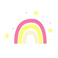 Pink yellow rainbow with stars around. Simple vector illustration