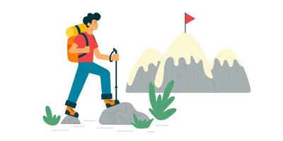 hombre es alpinismo un montaña. excursionismo y trekking en naturaleza. vector ilustración