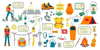 Set of hiking equipment for camping, trekking, base camp. Active vacation and tourism. Flat vector illustration