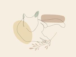 One line lying cat vector illustration with abstract shapes and plant branch, leaves beige colors