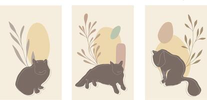 One line lying cat vector illustration with abstract shapes and plant branch, leaves beige colors