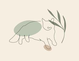 One line sitting cat vector illustration with abstract shapes and plant branch, leaves beige colors