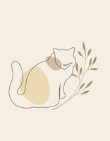 One line sitting cat vector illustration with abstract shapes and plant branch, leaves beige colors