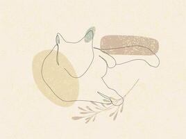 One line lying cat vector illustration with abstract shapes and plant branch, leaves beige colors