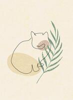 One line sitting cat vector illustration with abstract shapes and plant branch, leaves beige colors