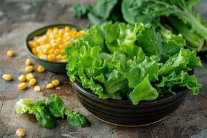 AI generated Full bowl of fresh green salad on the table in the kitchen photo