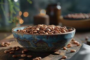 AI generated Bowl with dry kidney beans on wooden table, closeup. photo