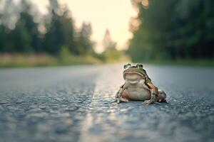 ai generado rana en pie en el la carretera cerca bosque a temprano Mañana o noche tiempo. la carretera peligros, fauna silvestre y transporte. foto