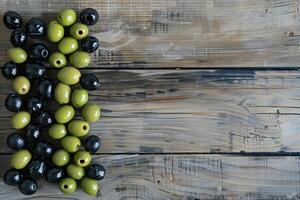 AI generated Set of green and black olives on wooden background. photo