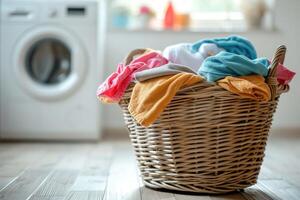 AI generated Assorted pastel color clothes neatly arranged in a wicker basket on a table. photo