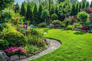 AI generated Front yard, landscape design with multicolored shrubs intersecting with bright green lawns behind the house is a modern photo