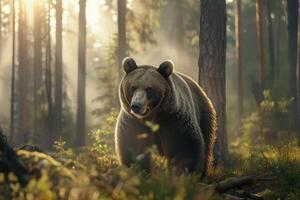 ai generado ver de salvaje oso oso caminando en bosque. foto