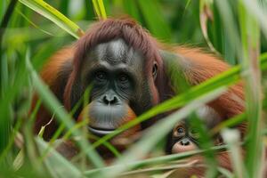 AI generated Female of the orangutan with a baby in a thicket of grass photo