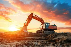 AI generated Excavator at a construction site against the setting sun photo