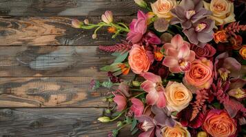 AI generated Floral arrangement on wooden background photo