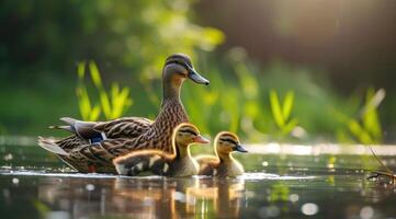 AI generated Duck family enjoy summer pond. photo