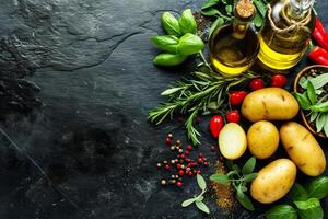 AI generated Food background. Top view of olive oil, potatoes, herbs and spices on rustic black slate. photo