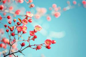 AI generated Blooming rose bush on a blue background. Flowering rose hips against the blue sky. photo