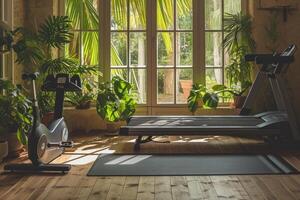 AI generated Home workout fitness corner, treadmill in a cozy setting. photo