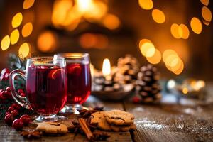 ai generado reflexionado vino y galletas a Navidad chimenea. foto