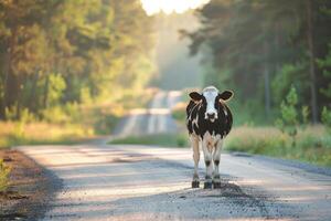 AI generated Cow standing on the road near forest at early morning or evening time. Road hazards, wildlife and transport. photo