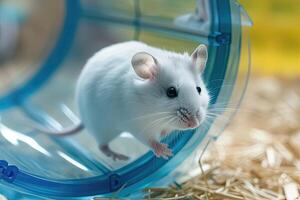 AI generated White mouse is running in running wheel for hamsters. photo