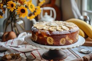 AI generated A beautifully decorated banana cake backdrop of a cozy Banana cake with cinnamon and sugar icing environment. photo