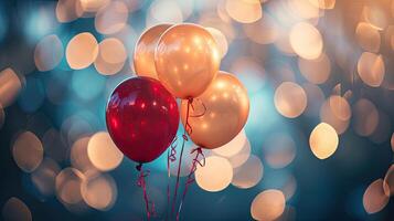 AI generated Festive background with balloons, and bokeh lights space for text. photo