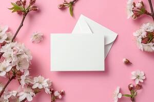 AI generated Cherry tree blossom, branches with white spring flowers and envelope over pink background photo